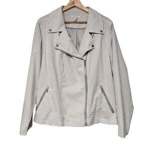 Isaac Mizrahi Live! Size 22W Seersucker Motorcycle Jacket Gray White Striped